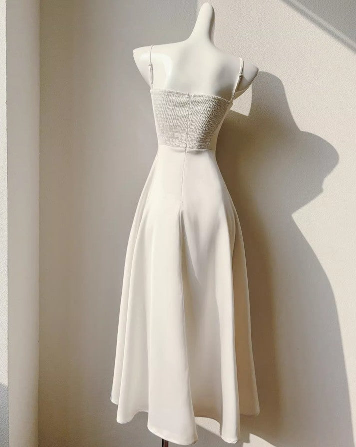 French Light Champagne Spaghetti Strap Satin A-Line Bridal Dress Elegant Wedding Guest Dress