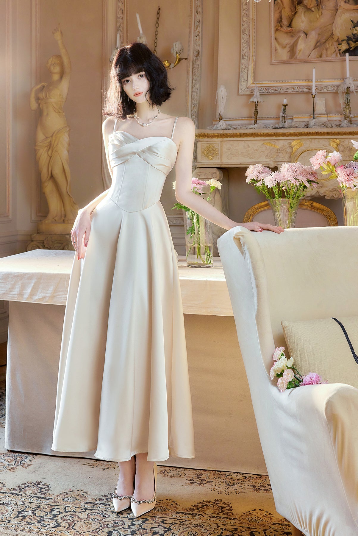 French Light Champagne Spaghetti Strap Satin A-Line Bridal Dress Elegant Wedding Guest Dress