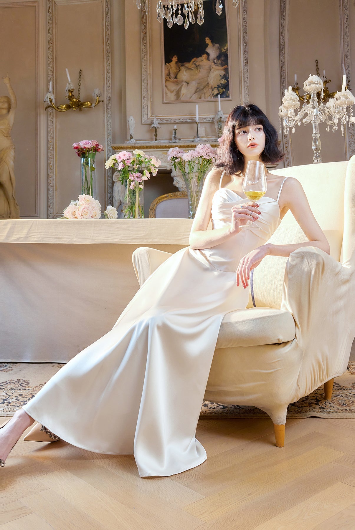 French Light Champagne Spaghetti Strap Satin A-Line Bridal Dress Elegant Wedding Guest Dress