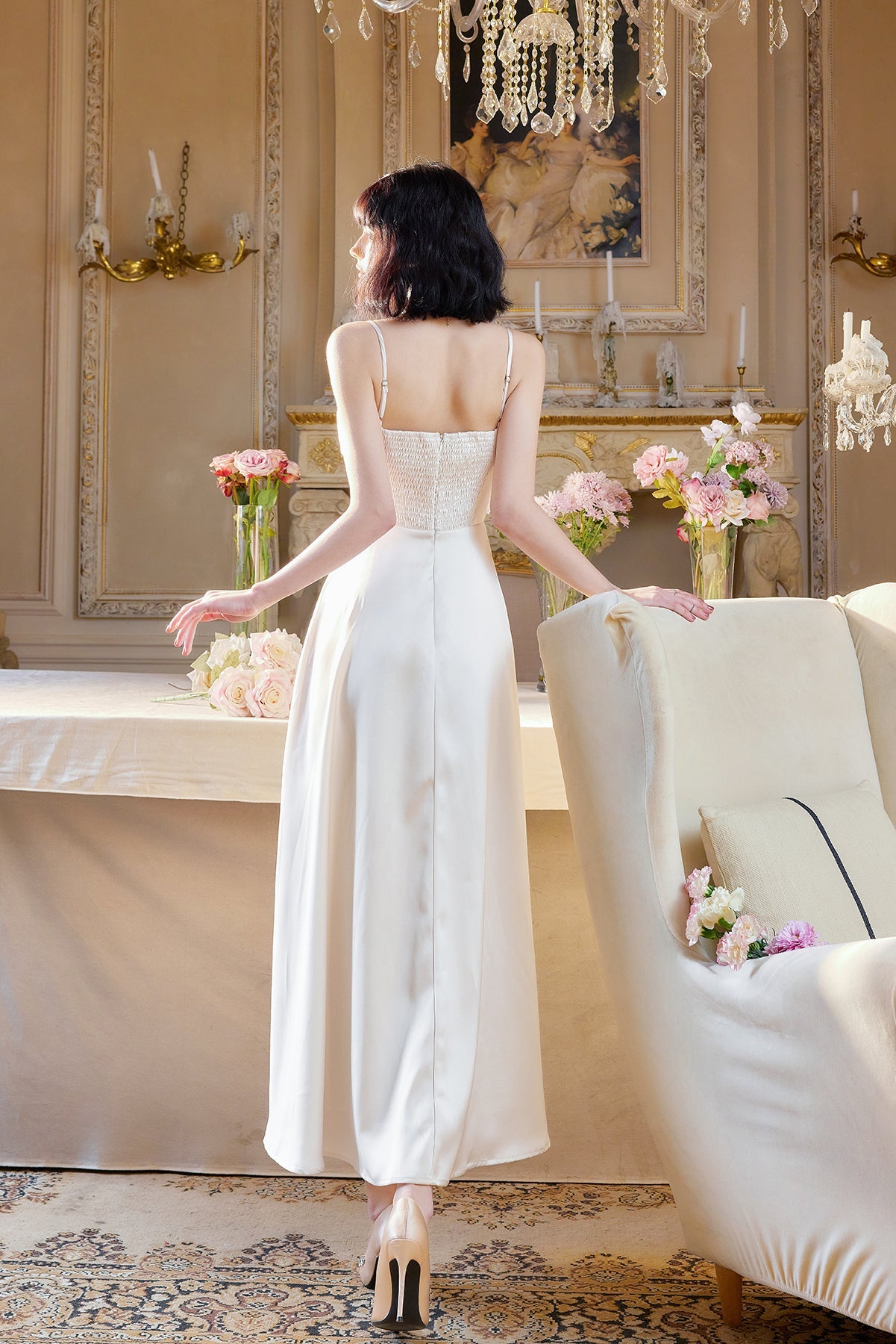 French Light Champagne Spaghetti Strap Satin A-Line Bridal Dress Elegant Wedding Guest Dress