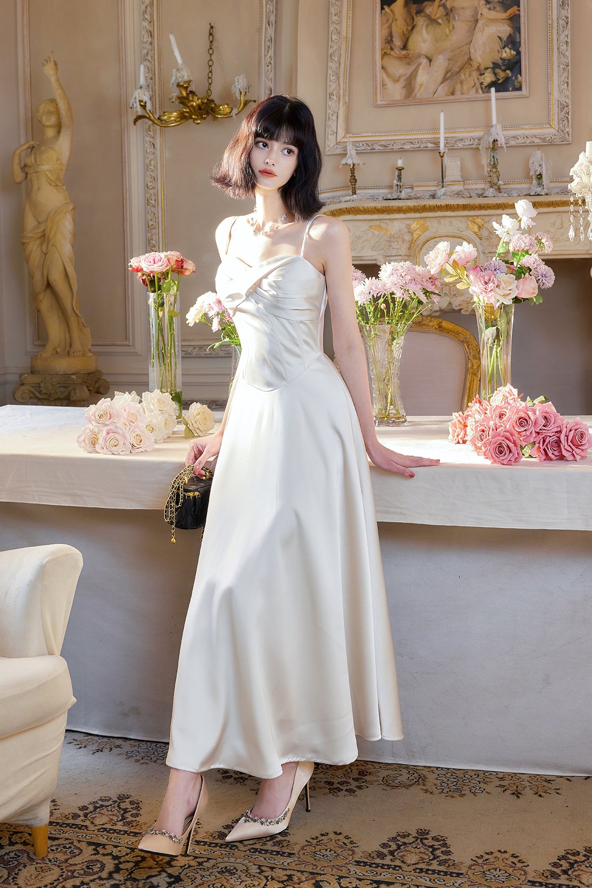 French Light Champagne Spaghetti Strap Satin A-Line Bridal Dress Elegant Wedding Guest Dress