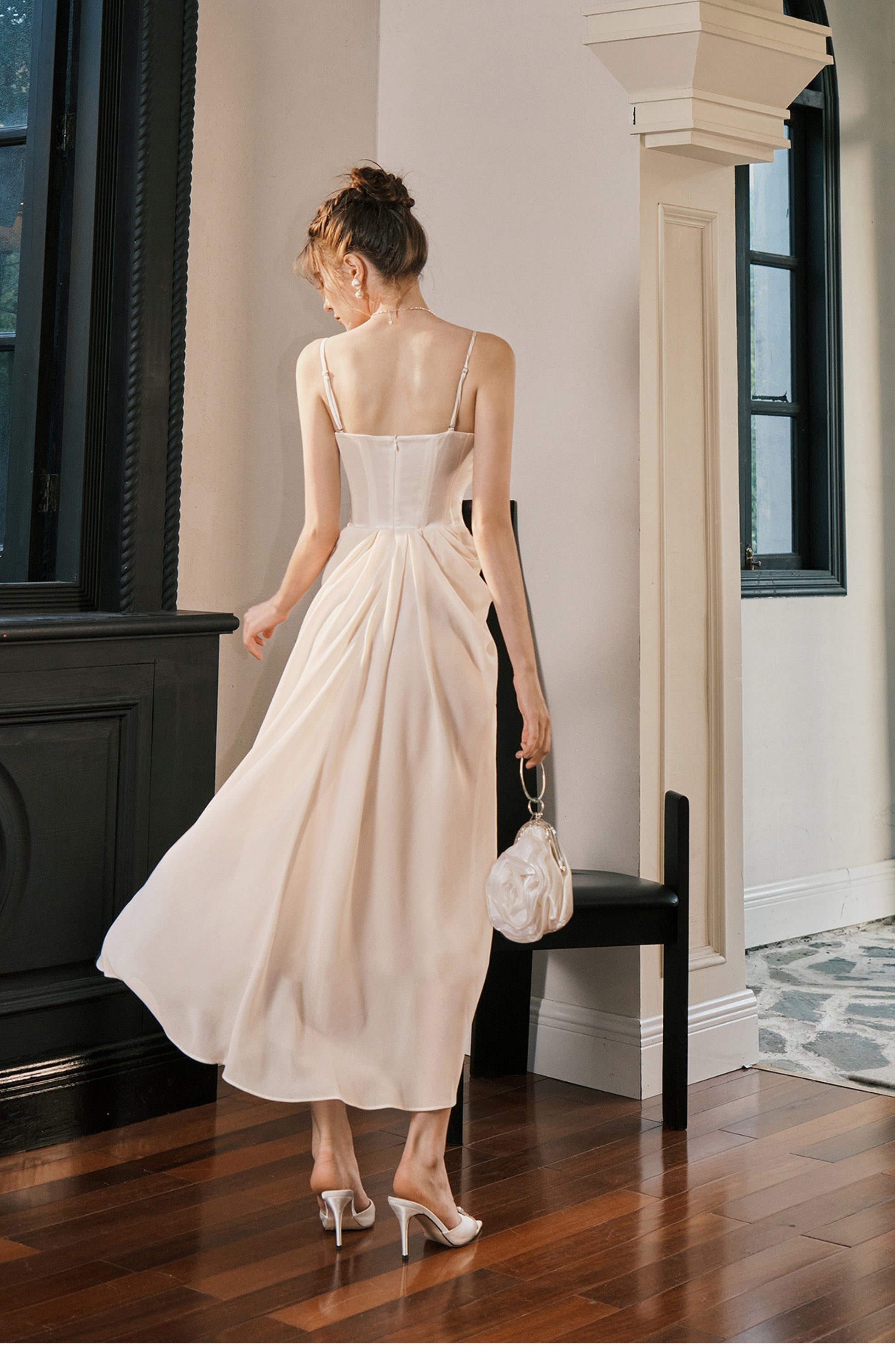 Light Champagne French Pearl Pendant Party Dress Satin Spaghetti Straps Chiffon Birthday Dress