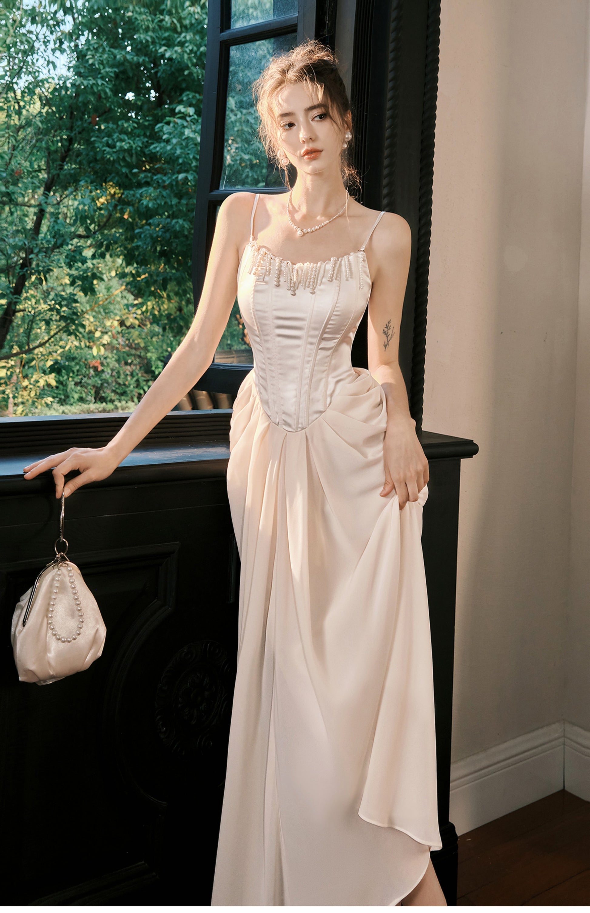 Light Champagne French Pearl Pendant Party Dress Satin Spaghetti Straps Chiffon Birthday Dress