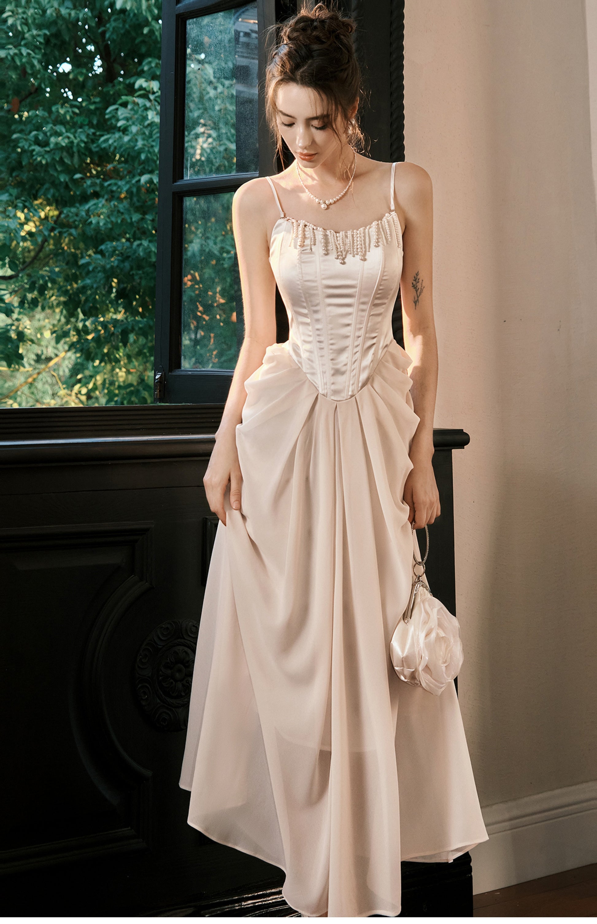 Light Champagne French Pearl Pendant Party Dress Satin Spaghetti Straps Chiffon Birthday Dress