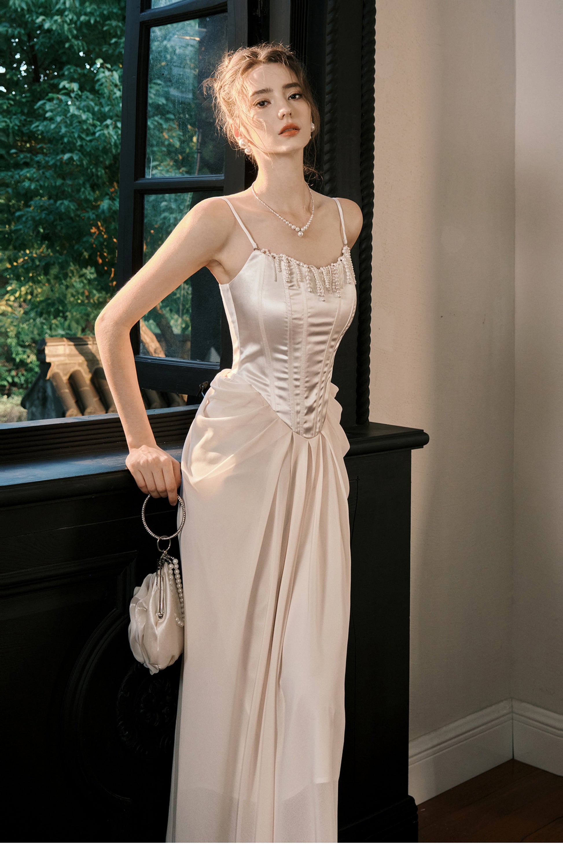 Light Champagne French Pearl Pendant Party Dress Satin Spaghetti Straps Chiffon Birthday Dress