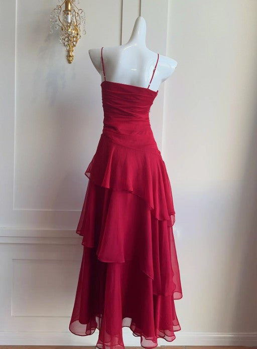 Retro Red Spaghetti Strap Chiffon Ruffles A-Line Prom Dresses Gorgeous Birthday Party Dress