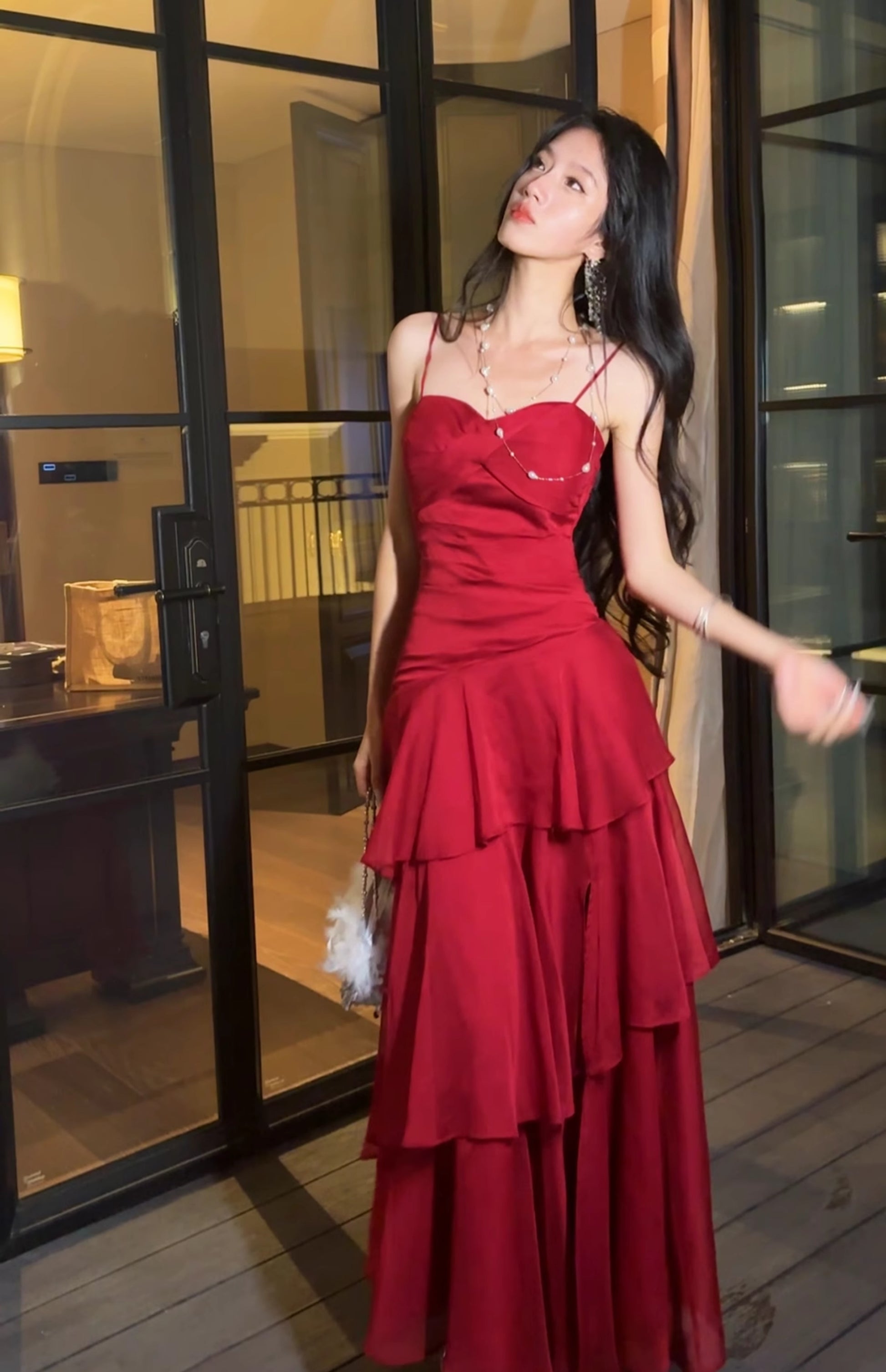 Retro Red Spaghetti Strap Chiffon Ruffles A-Line Prom Dresses Gorgeous Birthday Party Dress