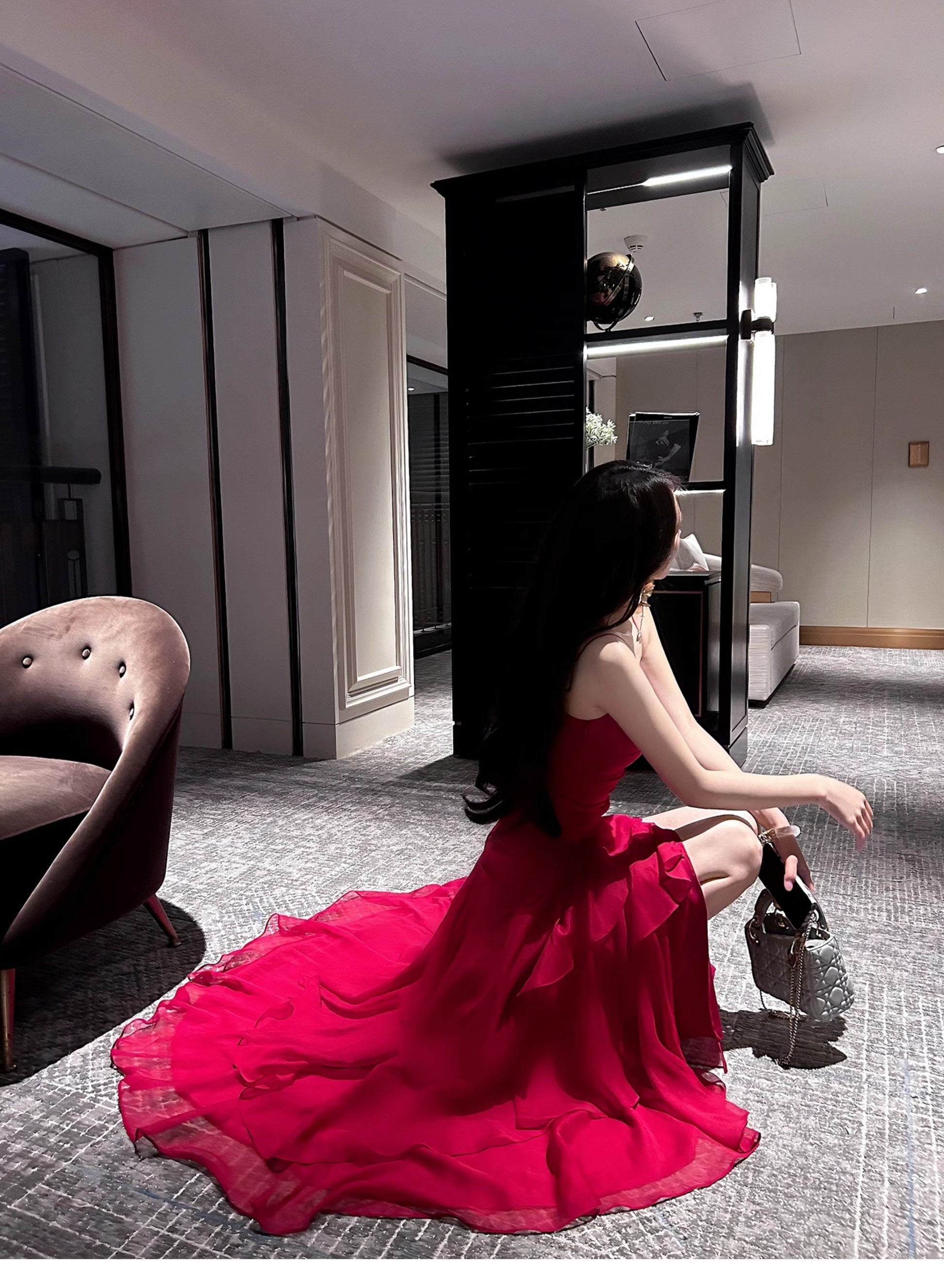 Retro Red Spaghetti Strap Chiffon Ruffles A-Line Prom Dresses Gorgeous Birthday Party Dress