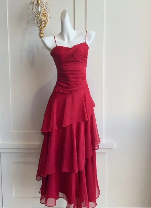Retro Red Spaghetti Strap Chiffon Ruffles A-Line Prom Dresses Gorgeous Birthday Party Dress