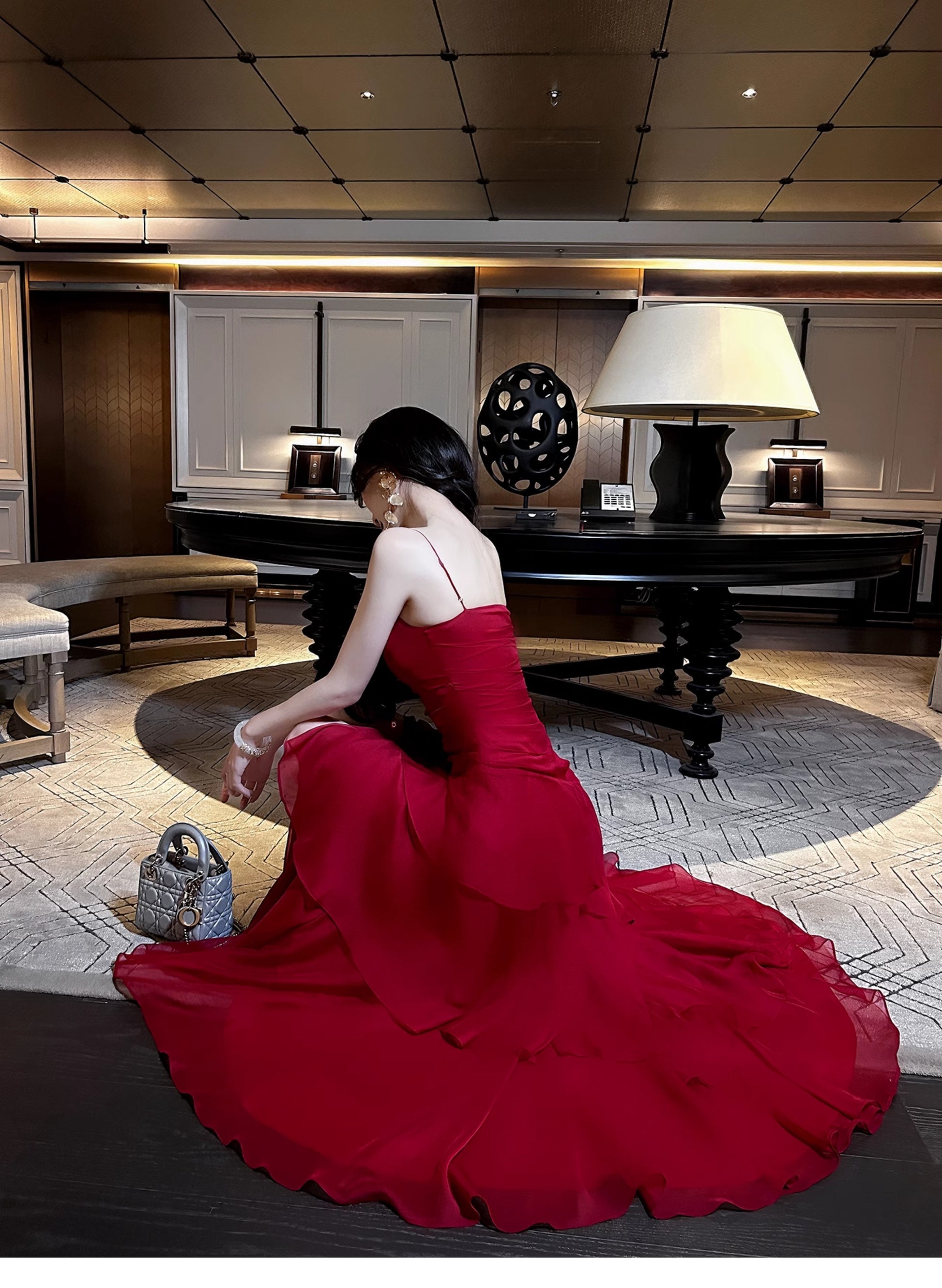 Retro Red Spaghetti Strap Chiffon Ruffles A-Line Prom Dresses Gorgeous Birthday Party Dress