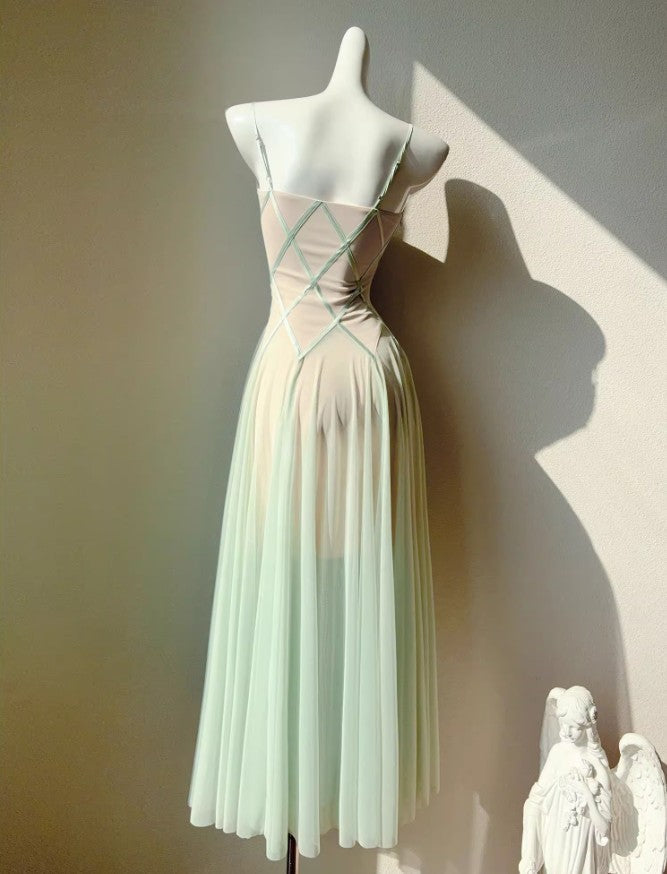 Green Tulle Spaghetti Strap A-Line Birthday Prom Dress Sweet 16 Evening Gowns