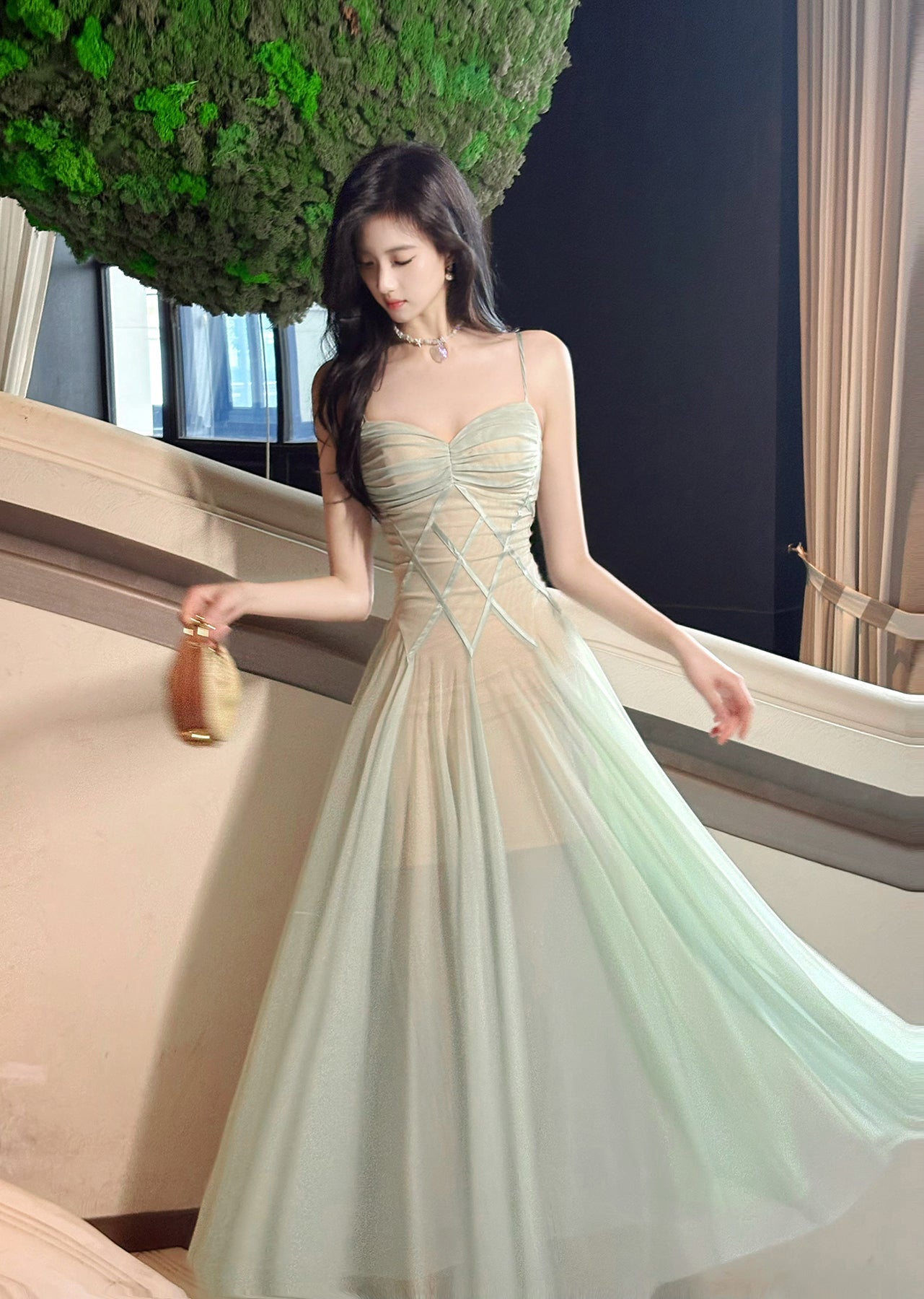 Green Tulle Spaghetti Strap A-Line Birthday Prom Dress Sweet 16 Evening Gowns