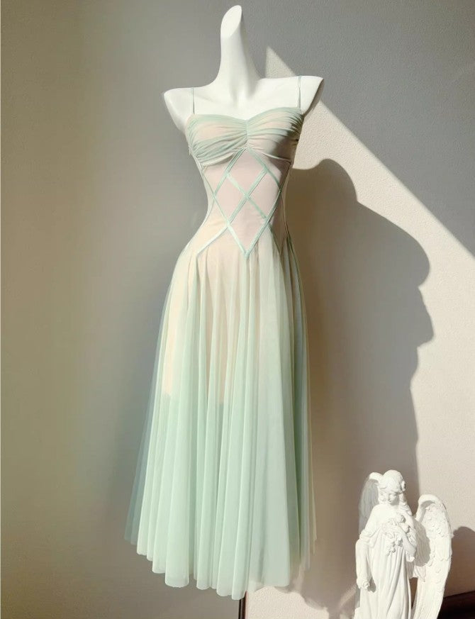 Green Tulle Spaghetti Strap A-Line Birthday Prom Dress Sweet 16 Evening Gowns