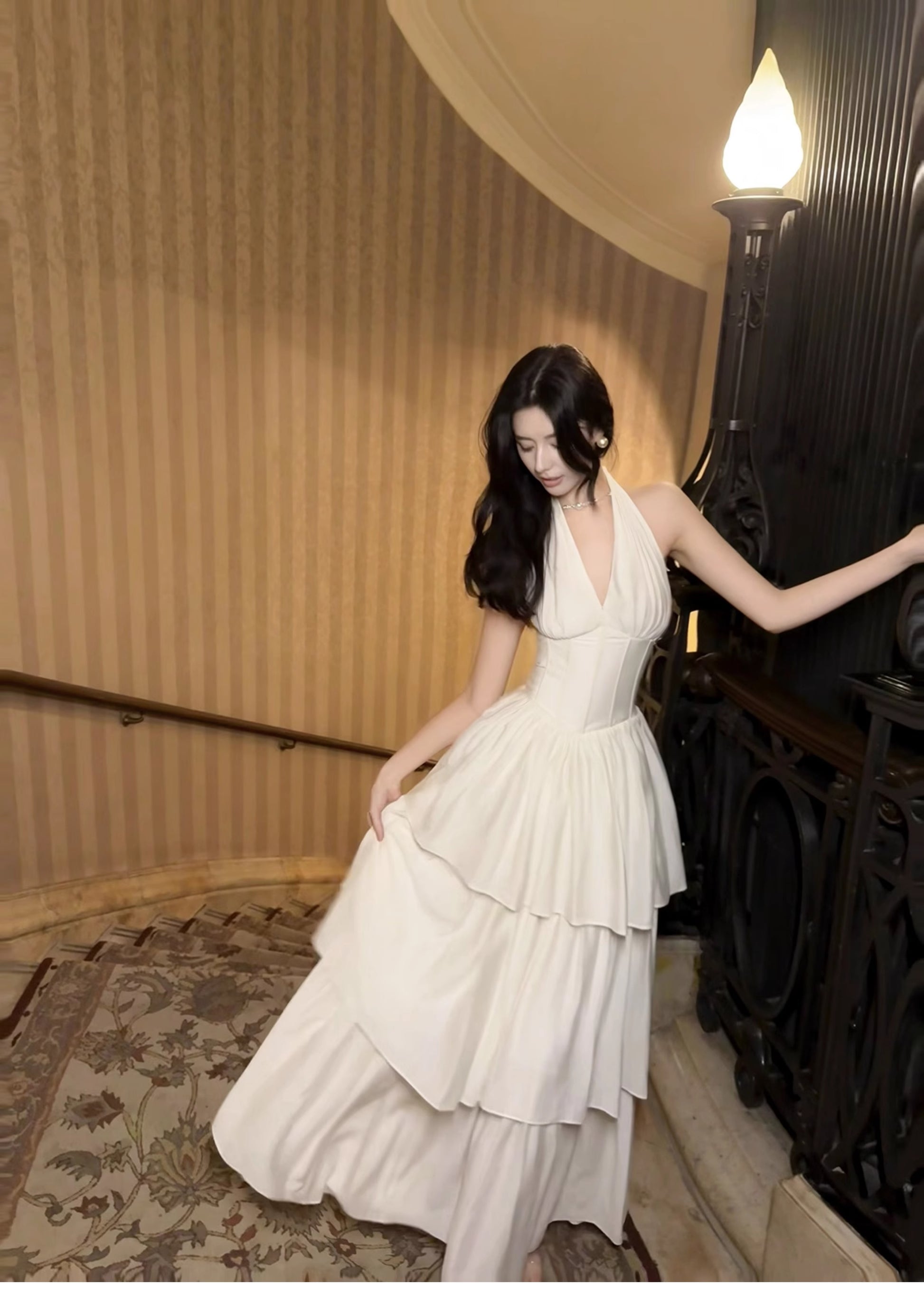 Cute Halter Neck Chiffon Layered A-Line White Party Dress