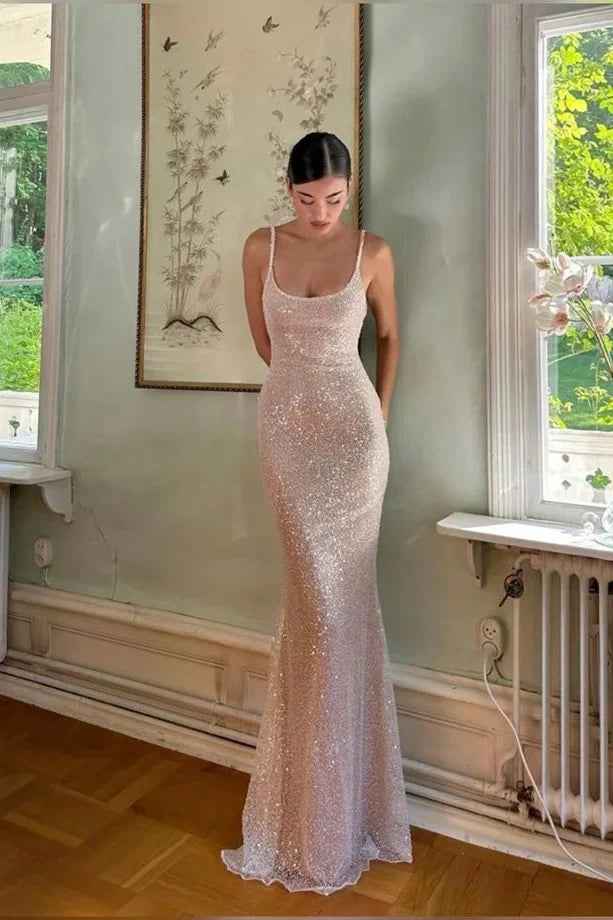Bling Champagne Sheath Spaghetti Straps Mermaid Sequins Long Prom Dress