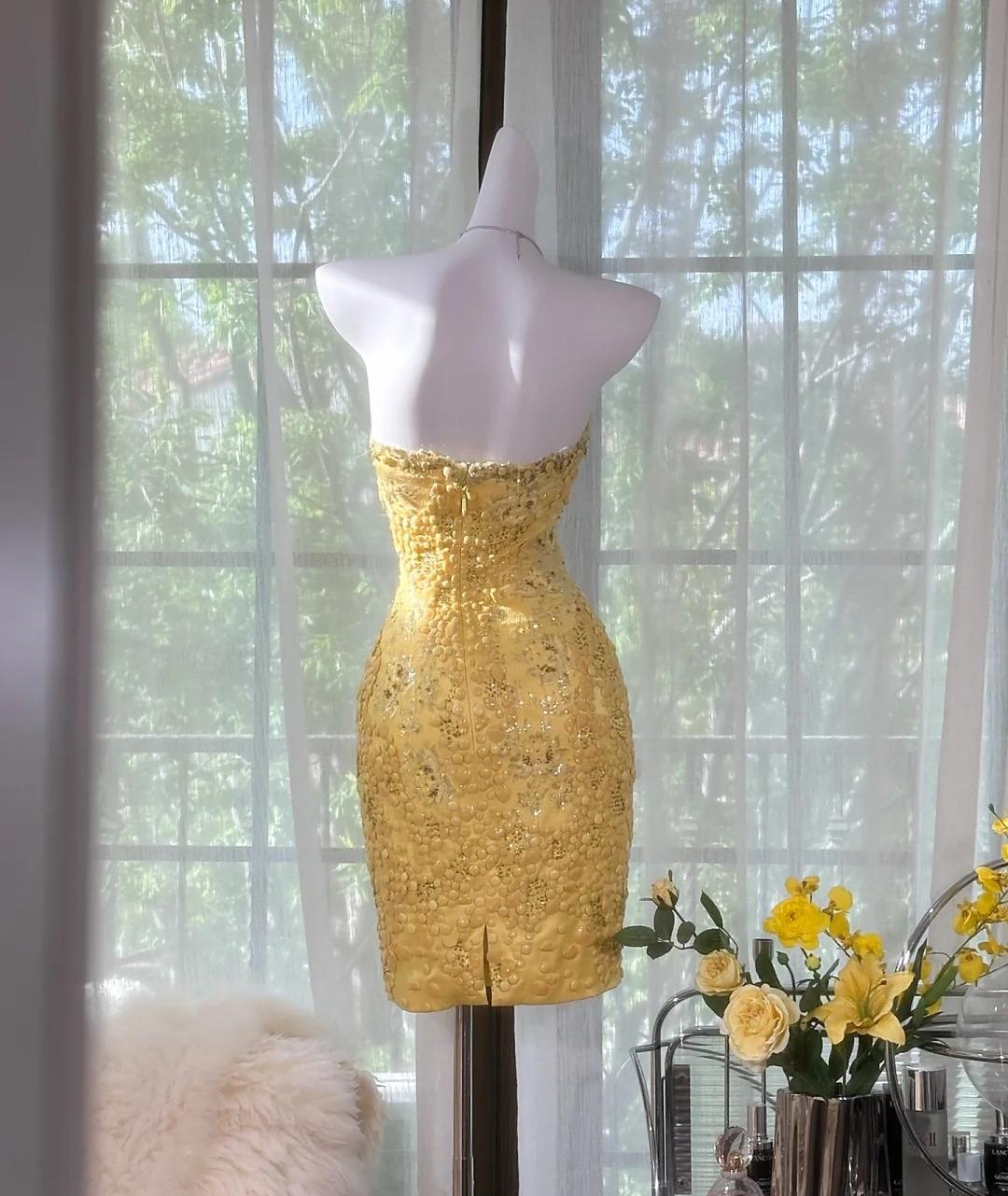 Vintage Butter Yellow Sweetheart Bodycon Evening Gonws Satin Beaded Short Prom Dresses for Party