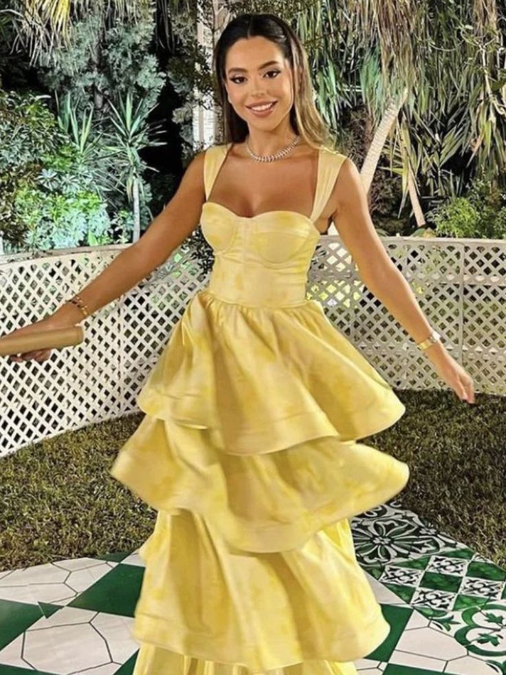 Sweet Butter Yellow Sweetheart Neck A-Line Jacquard Satin Layered Long Prom Dresses Formal Evening Dress