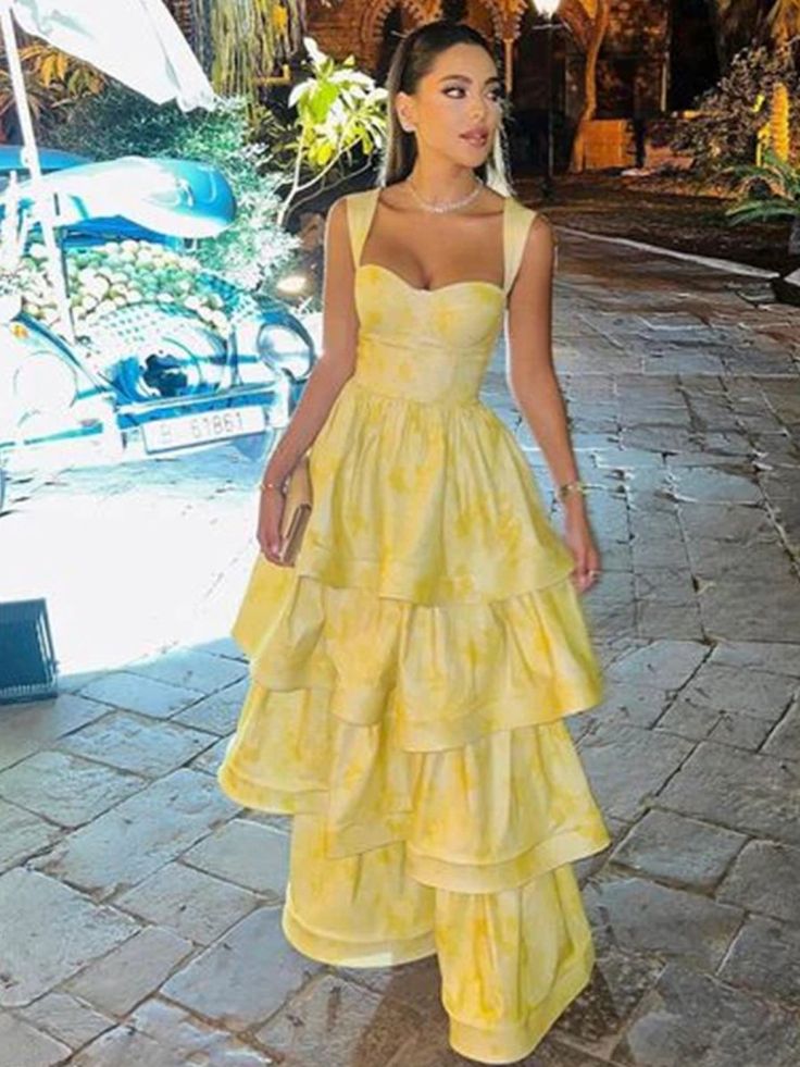 Sweet Butter Yellow Sweetheart Neck A-Line Jacquard Satin Layered Long Prom Dresses Formal Evening Dress