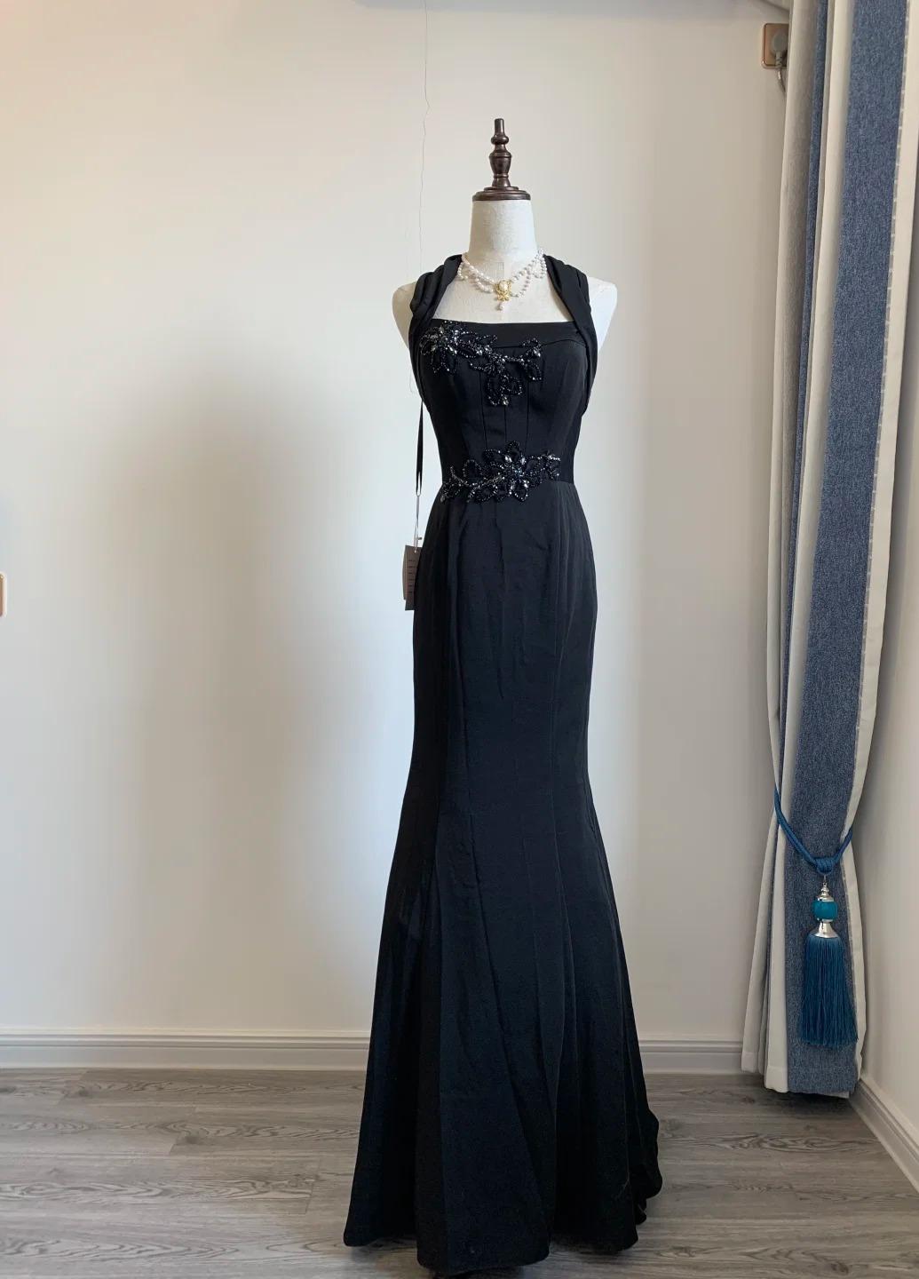 Elegant Black Square Neck Mermaid Beaded Long Prom Dresses Formal Evening Dress
