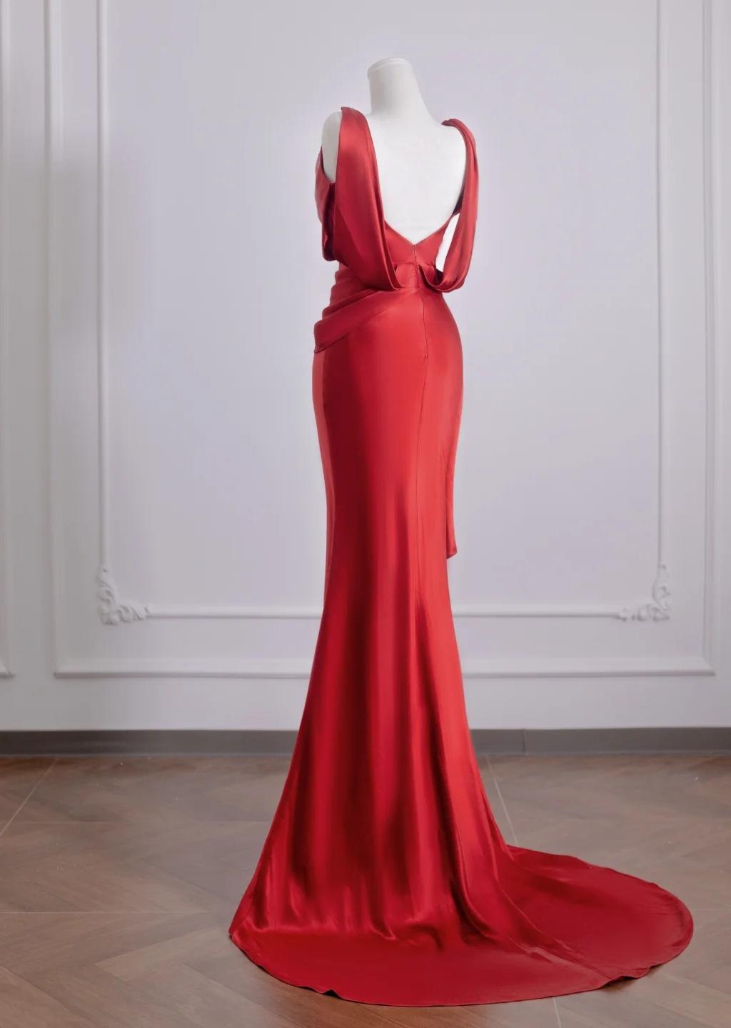 Beautiful Red Satin Mermaid Open Back Long Prom Dresses Elegant Evening Gowns