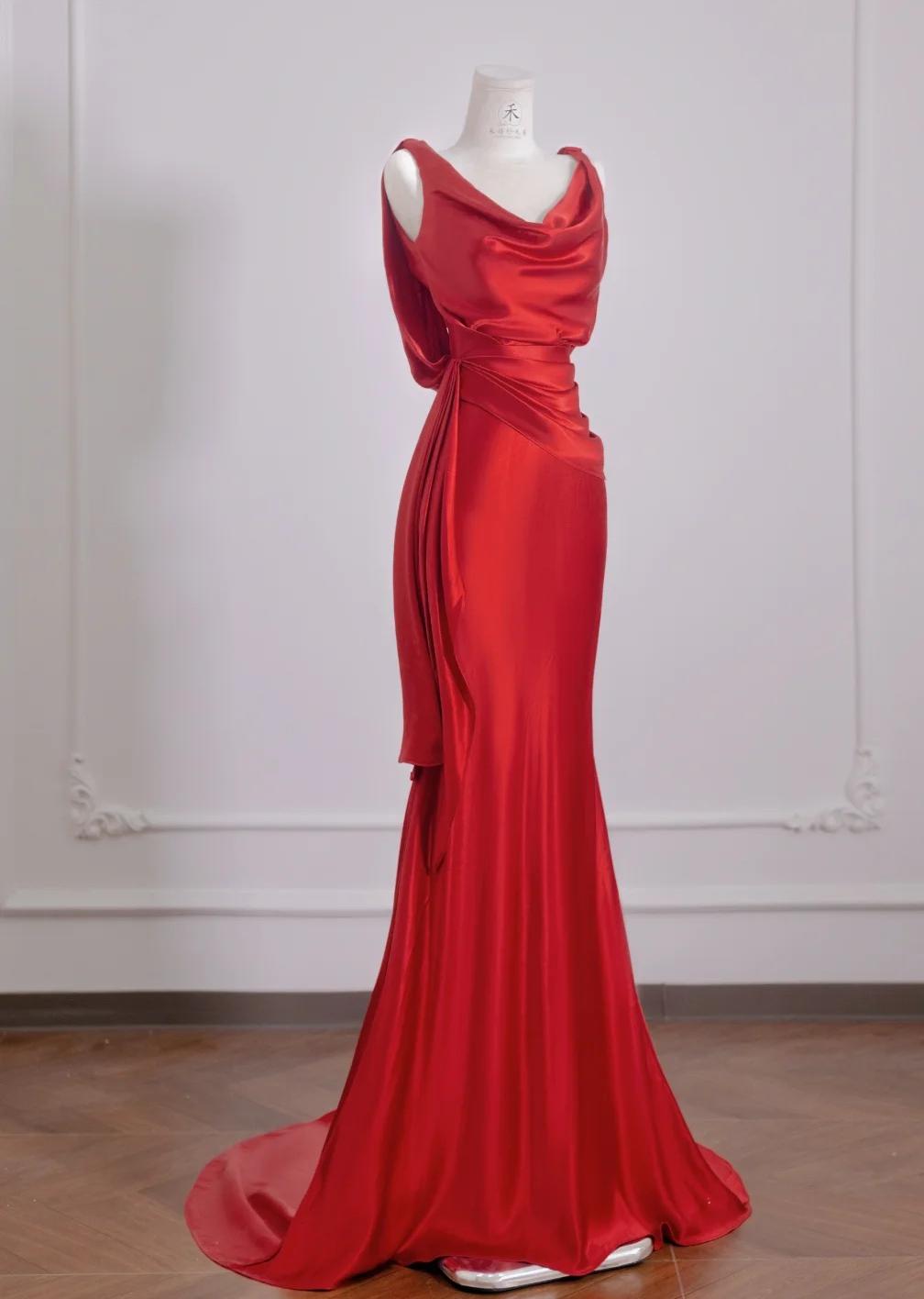 Beautiful Red Satin Mermaid Open Back Long Prom Dresses Elegant Evening Gowns