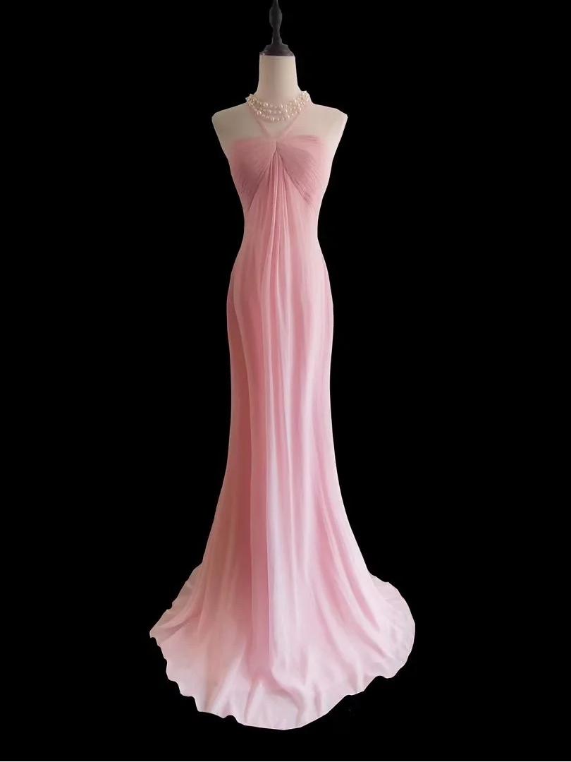Sweet Pink Halter Neck Chiffon Mermaid Long Prom Dresses Formal Evening Gowns