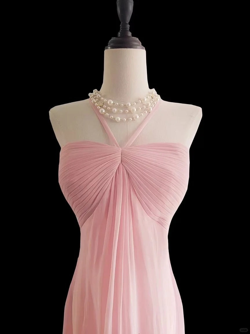 Sweet Pink Halter Neck Chiffon Mermaid Long Prom Dresses Formal Evening Gowns
