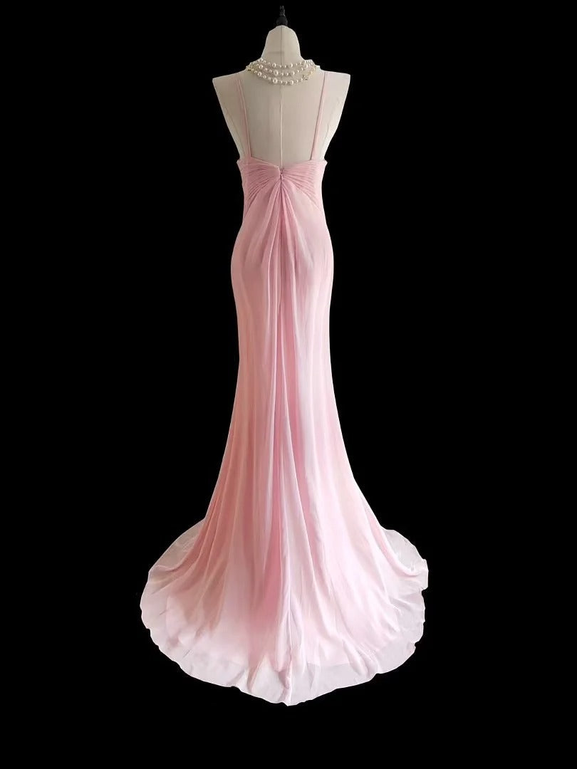 Sweet Pink Halter Neck Chiffon Mermaid Long Prom Dresses Formal Evening Gowns
