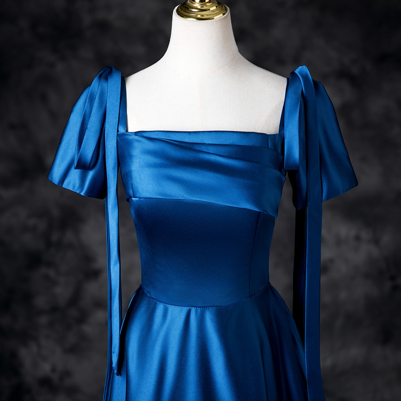 Sweet Blue Satin Square Neck A-Line Long Prom Dresses Formal Evening Gowns