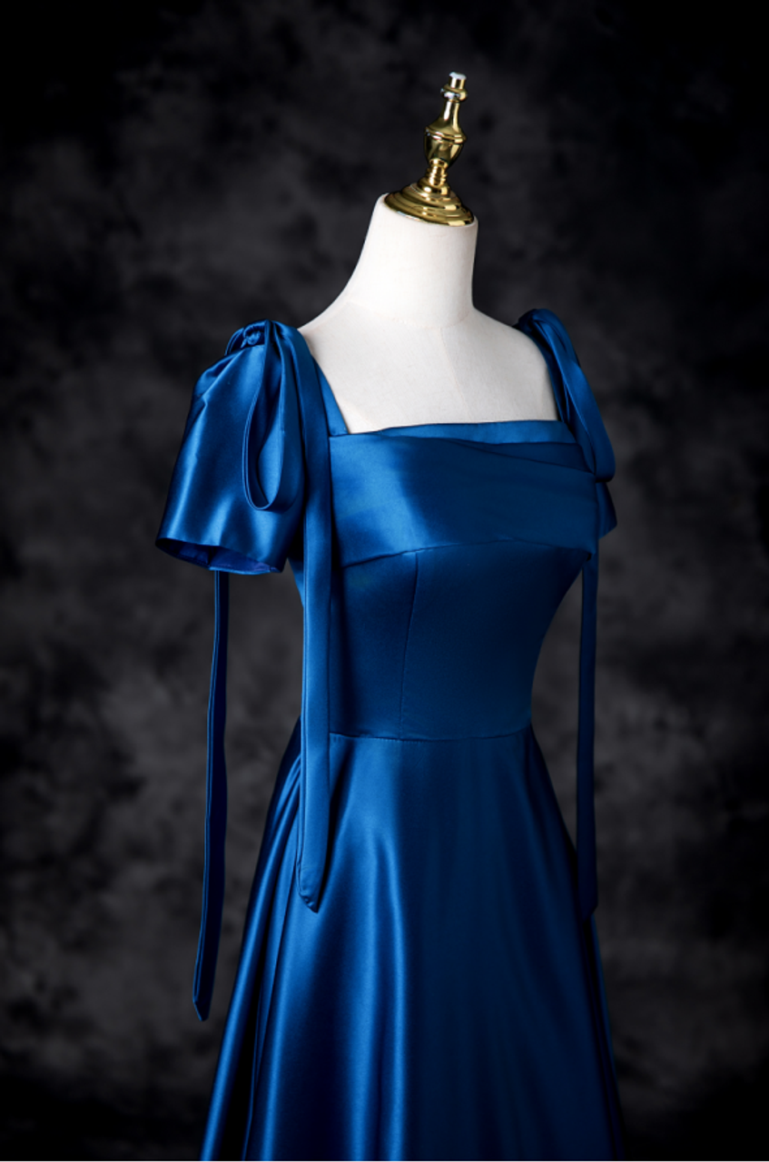 Sweet Blue Satin Square Neck A-Line Long Prom Dresses Formal Evening Gowns