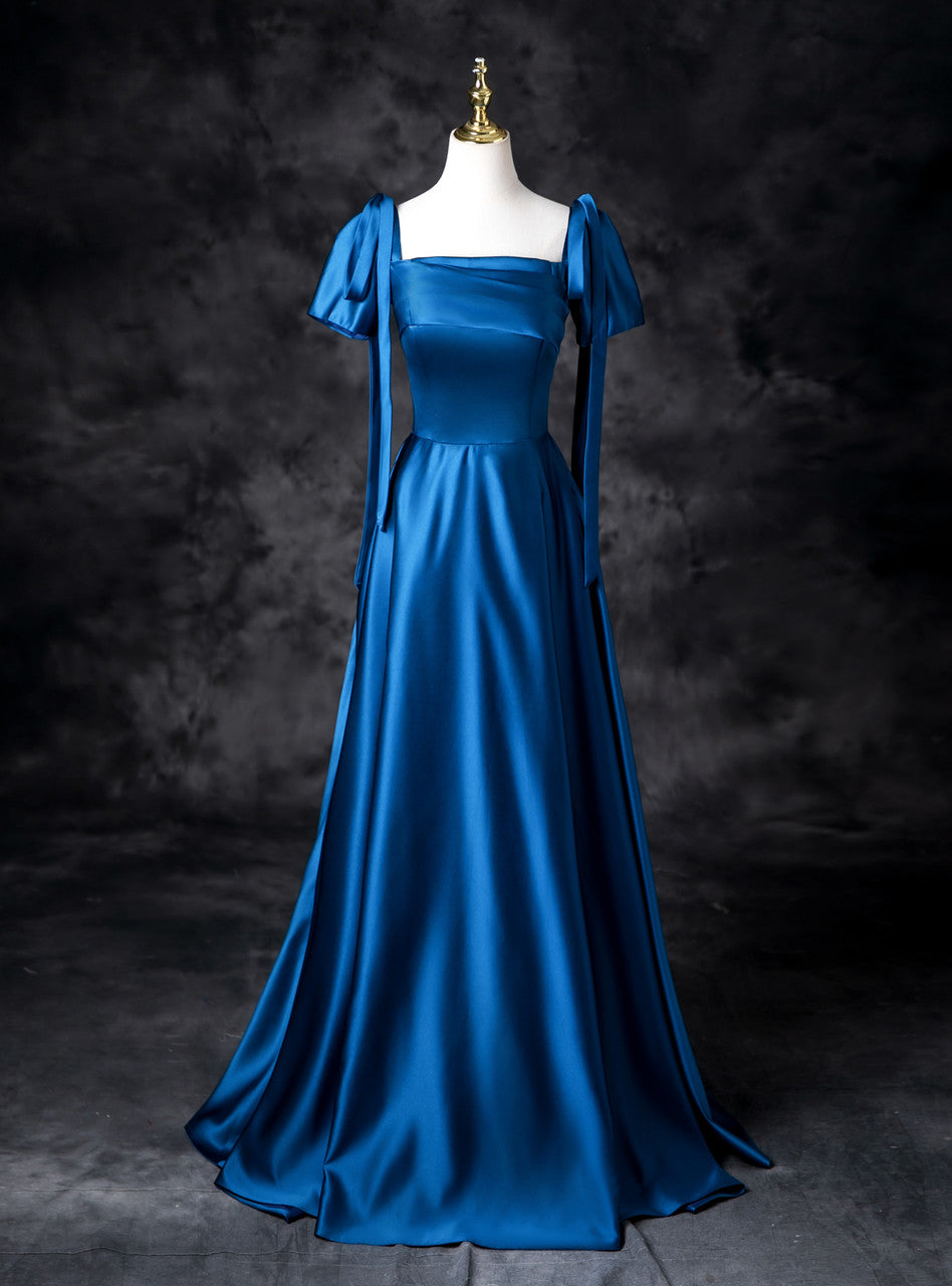 Sweet Blue Satin Square Neck A-Line Long Prom Dresses Formal Evening Gowns