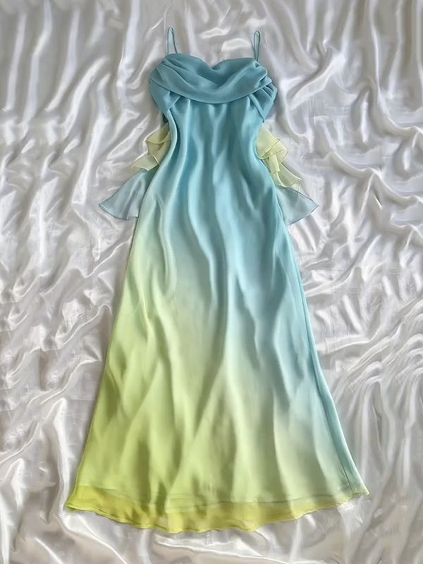 Fairytale Gradient Pink Spaghetti Straps Chiffon Sheath Long Prom Dresses Retro Party Dress