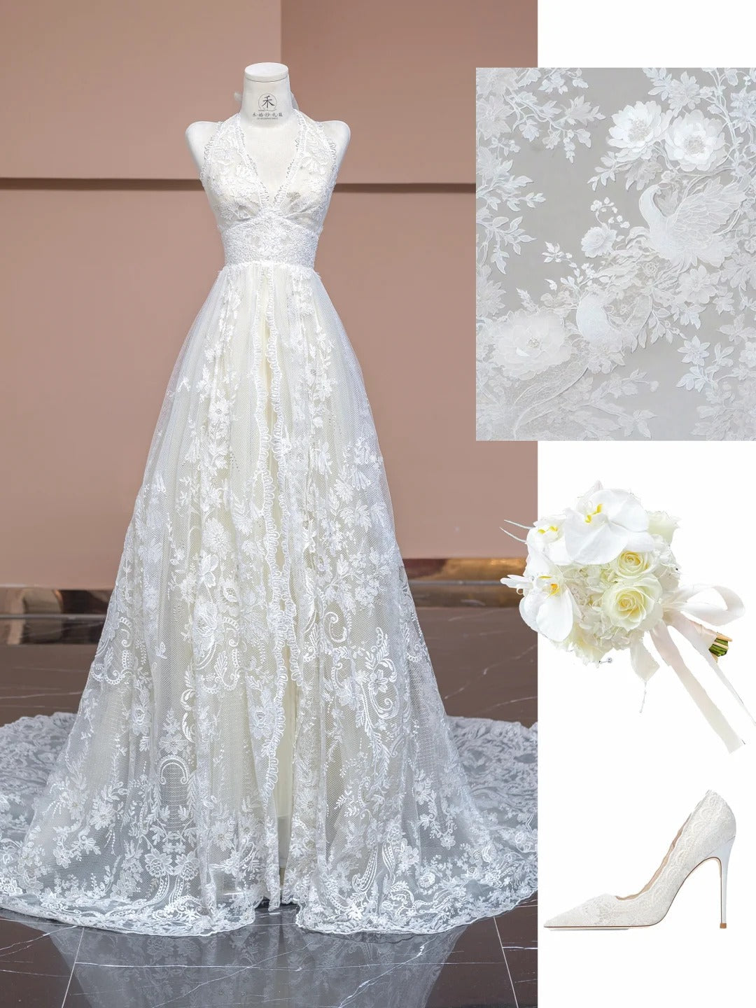 Elegant White V-neck Lace Applique A-Line Wedding Dress with Train