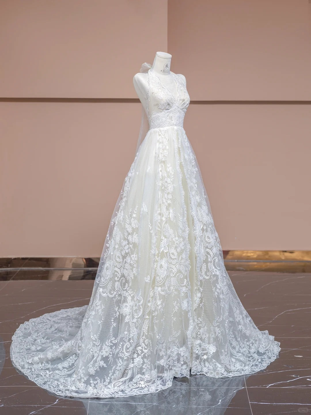 Elegant White V-neck Lace Applique A-Line Wedding Dress with Train