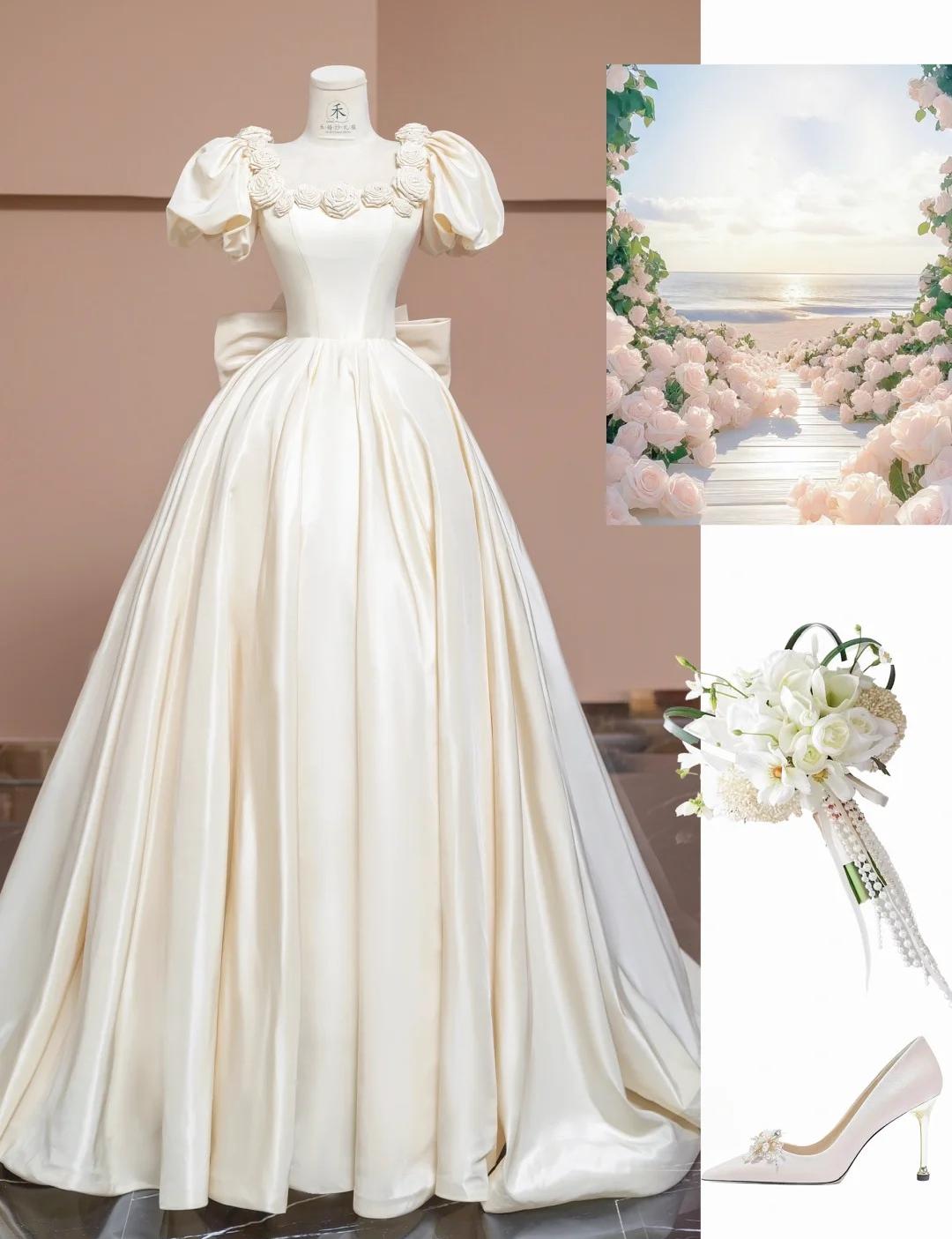 Charming Off-White A-Line Satin Square Neck Wedding Dress with Flowers