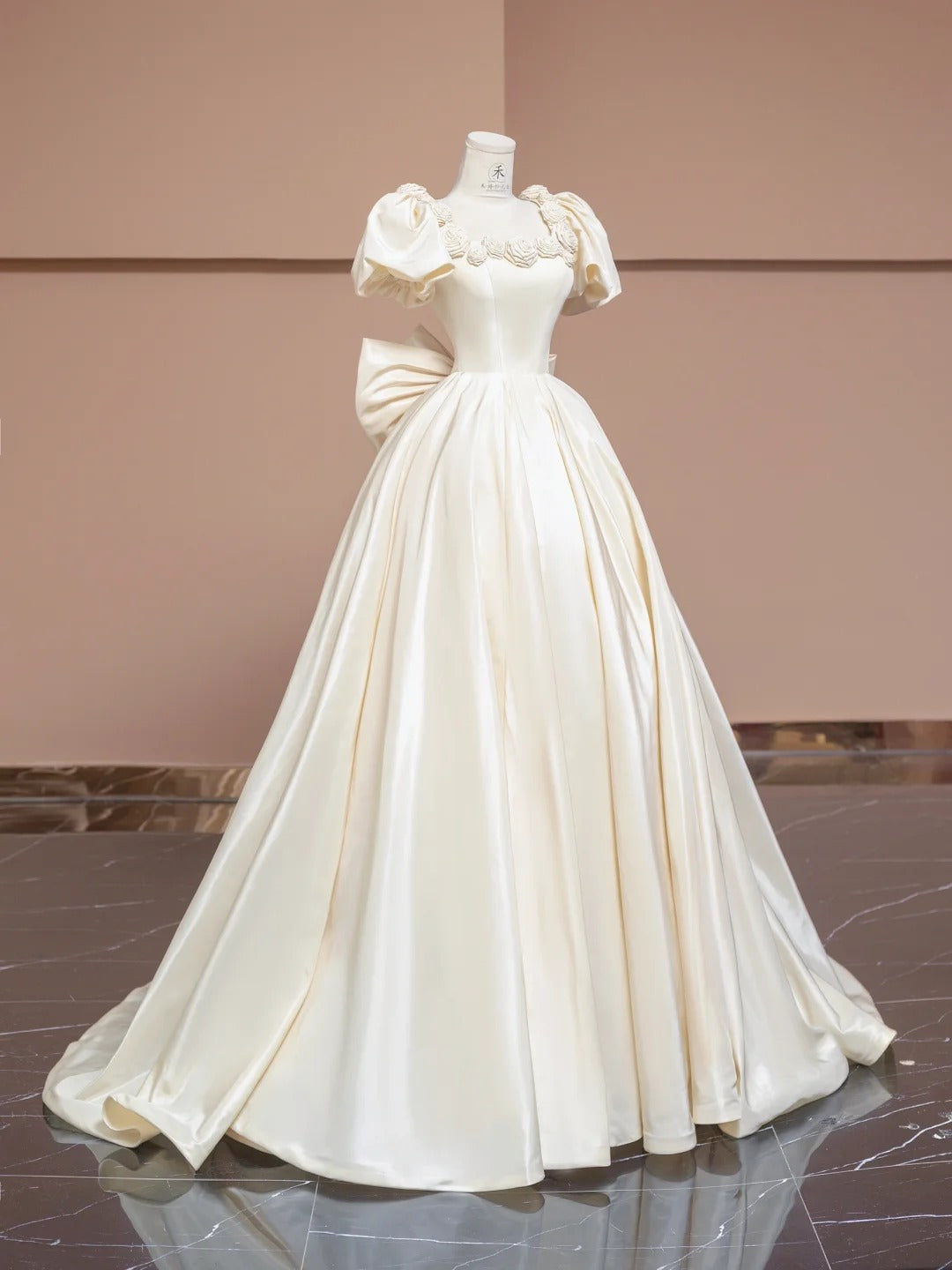 Charming Off-White A-Line Satin Square Neck Wedding Dress with Flowers