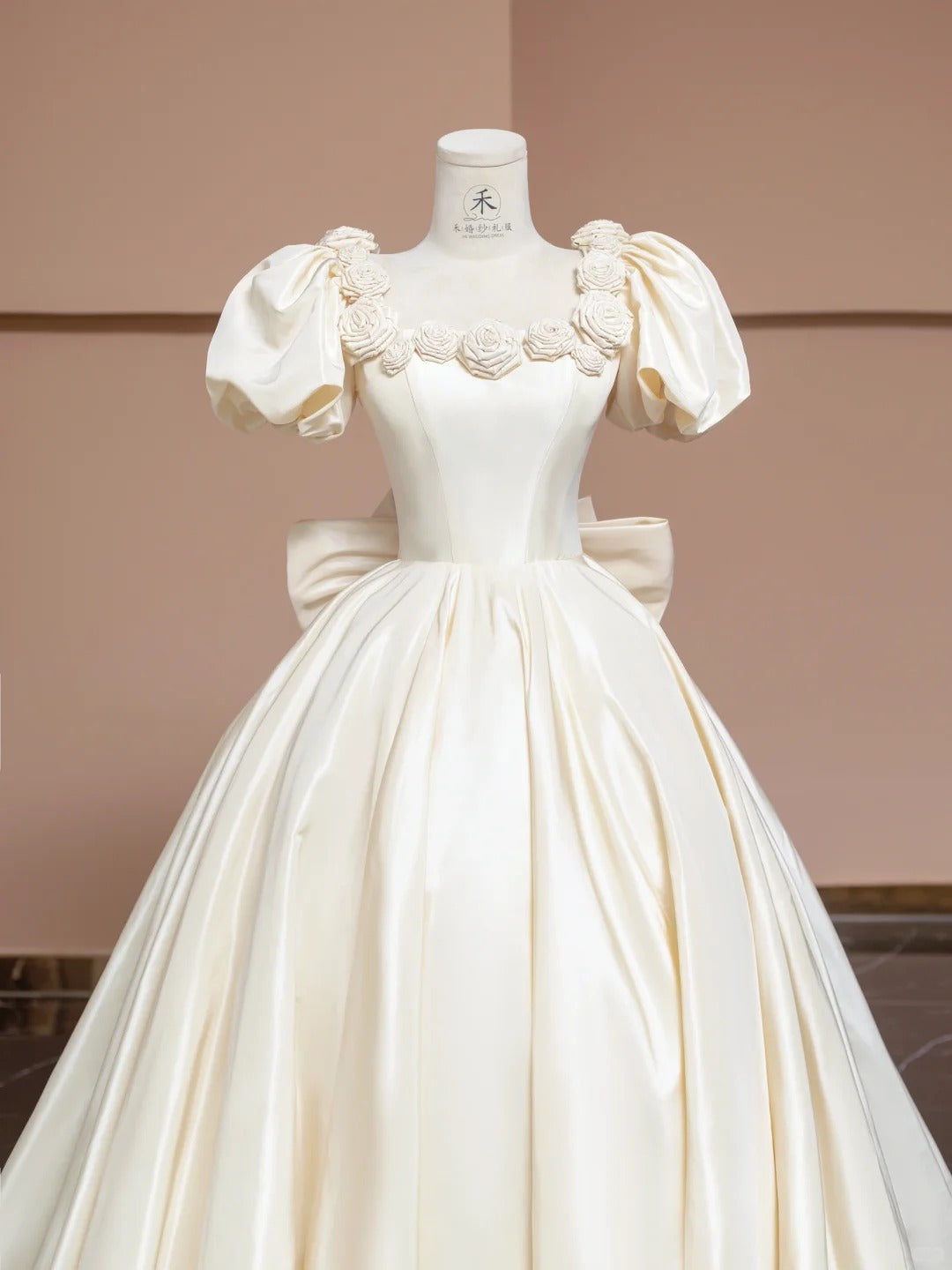 Charming Off-White A-Line Satin Square Neck Wedding Dress with Flowers
