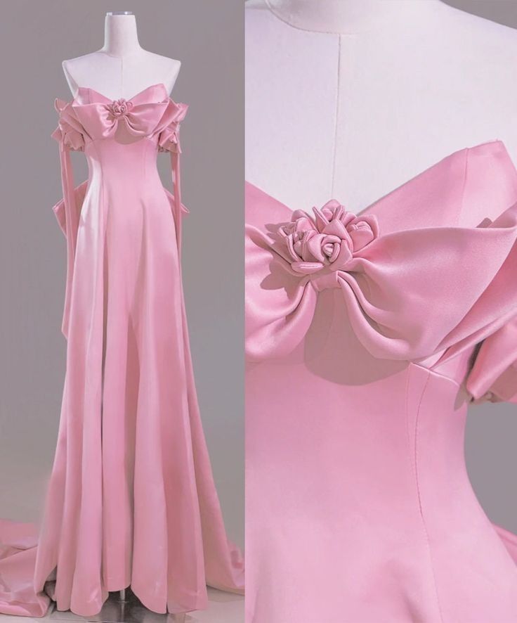 Beautiful Pink A-Line Off Shoulder Satin Train Wedding Dress Formal Evening Gowns