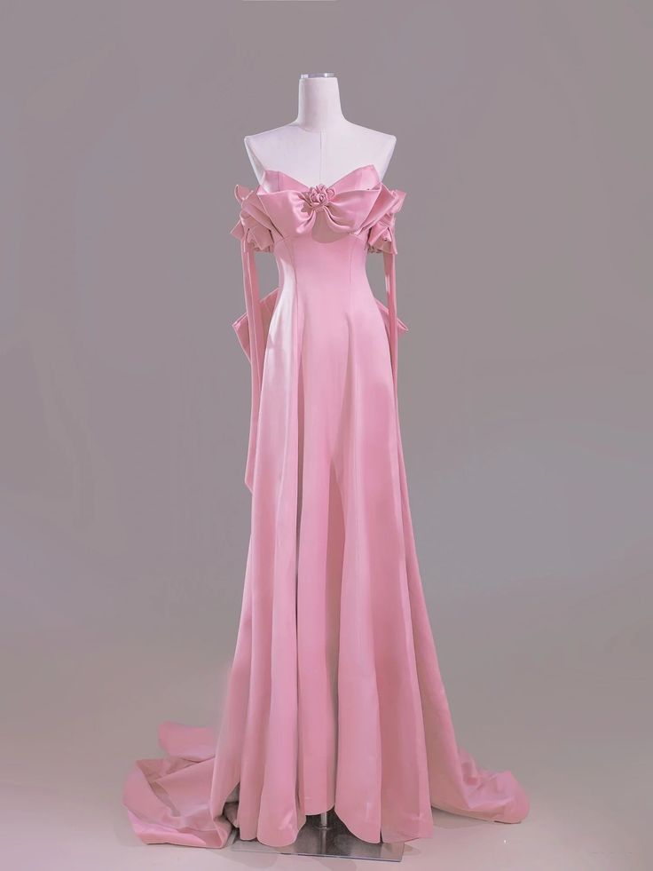 Beautiful Pink A-Line Off Shoulder Satin Train Wedding Dress Formal Evening Gowns