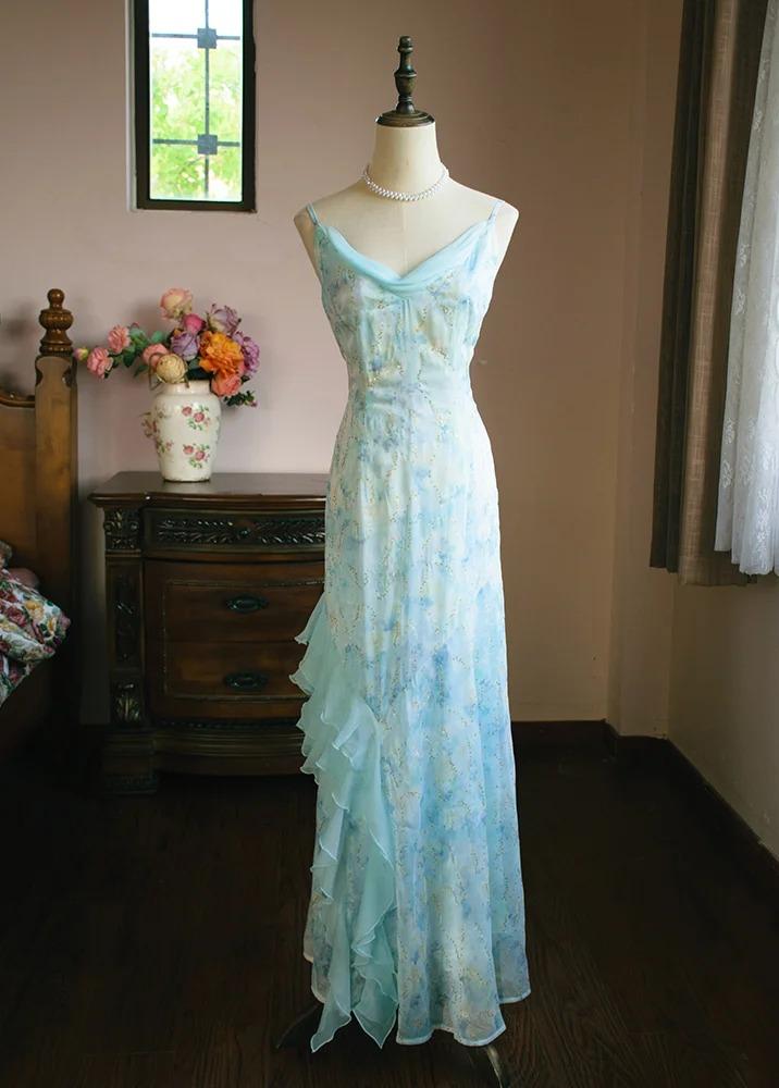 Sweet Light Blue V-neck Printed Chiffon with Ruffles Sheath Long Prom Dresses Vintage Party Dress
