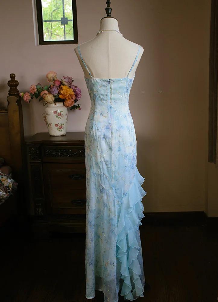 Sweet Light Blue V-neck Printed Chiffon with Ruffles Sheath Long Prom Dresses Vintage Party Dress