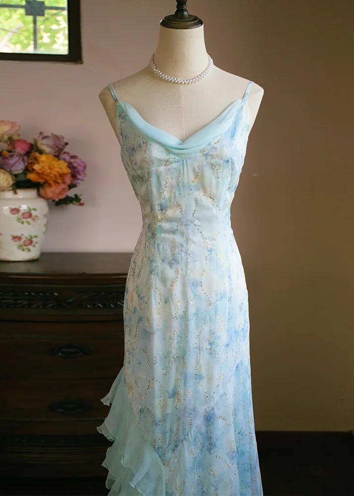 Sweet Light Blue V-neck Printed Chiffon with Ruffles Sheath Long Prom Dresses Vintage Party Dress