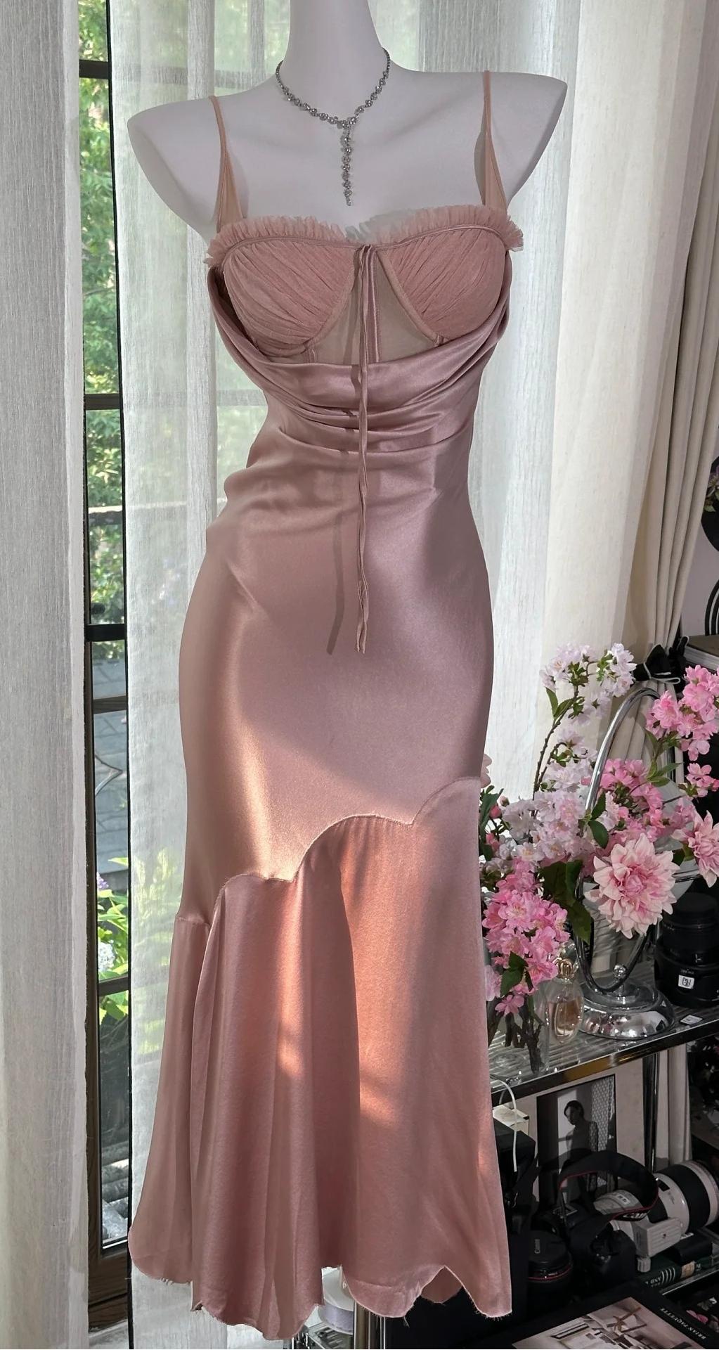 Elegant Blush Pink Spaghetti Straps Party Dress Sheath Satin Prom Dresses