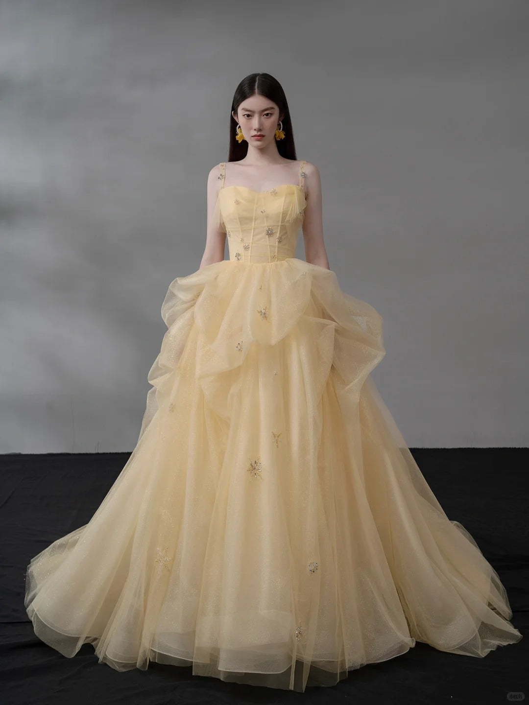 Glitter Light Orange Spaghetti Straps A-Line Tulle Long Prom Dresses Gorgeous Wedding Dress with Rhinestones