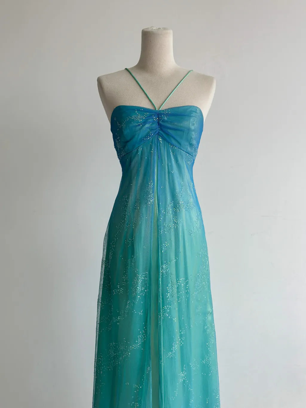 Gorgeous Gradient Turquoise Satin Chiffon Sheath Prom Dresses Vintage Formal Evening Gowns