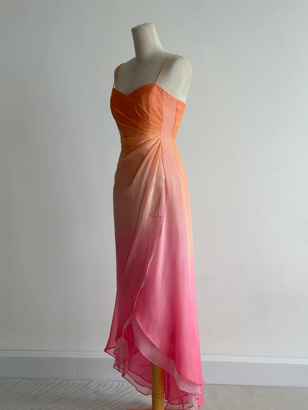 Fairytale Gradient Orange Pink Spaghetti Straps A-Line Chiffon Prom Dresses  Evening Gowns
