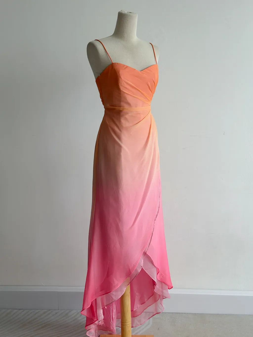 Fairytale Gradient Orange Pink Spaghetti Straps A-Line Chiffon Prom Dresses  Evening Gowns