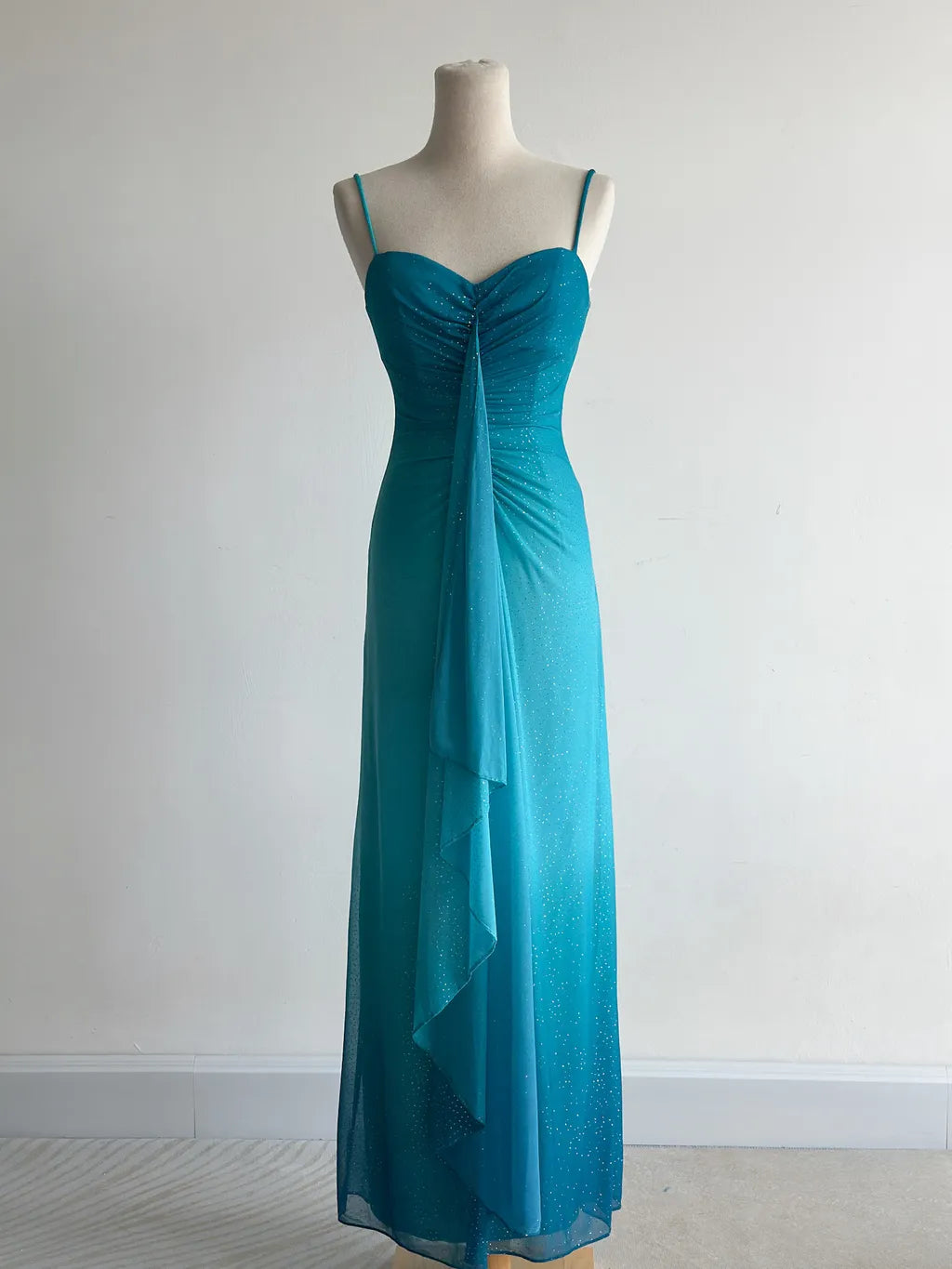 Glitter Gradient Blue Spaghetti Straps Sheath Chiffon Prom Dresses Evening Dress Gowns