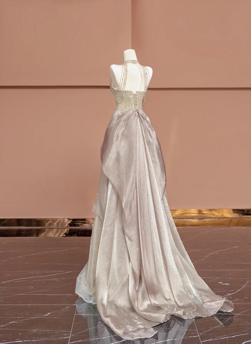 Gorgeous Champagne V-neck A-Line Beaded Tulle Long Prom Dresses Formal Evening Gowns