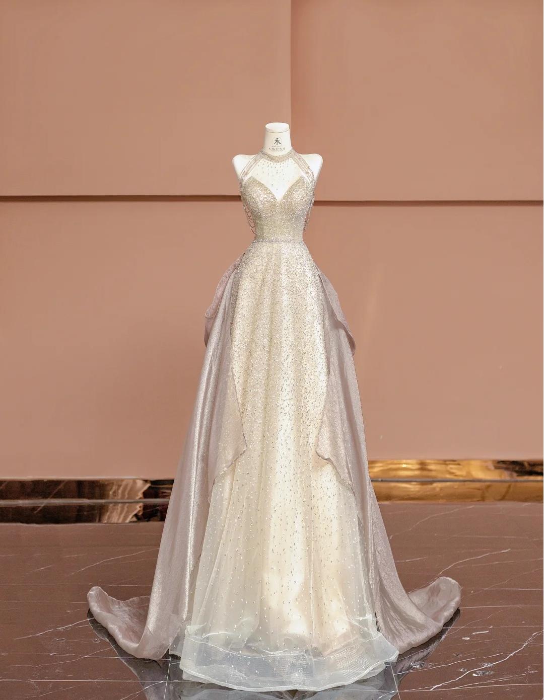 Gorgeous Champagne V-neck A-Line Beaded Tulle Long Prom Dresses Formal Evening Gowns